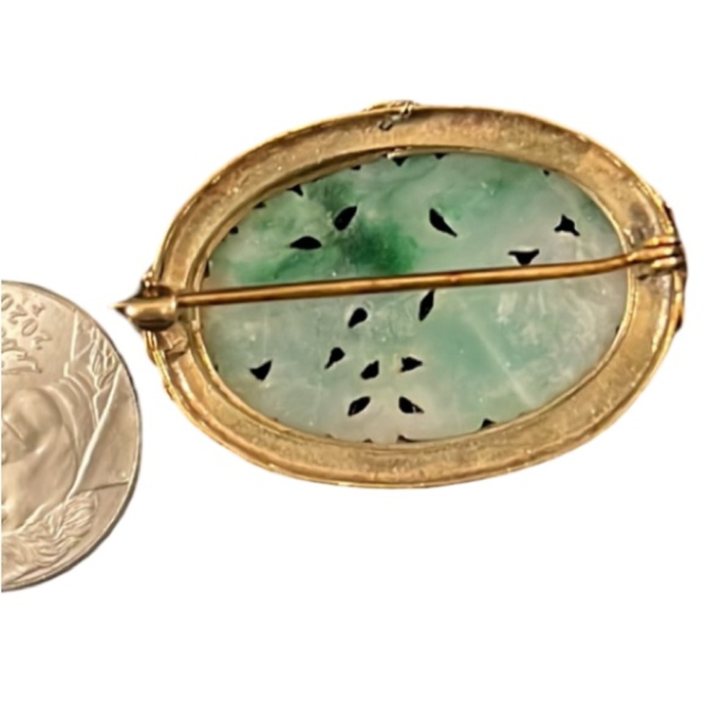 Antique Art Deco Gold Apple Jade Floral Cherry Blossom Pearl Lined Cameo Brooch - Picture 6 of 16